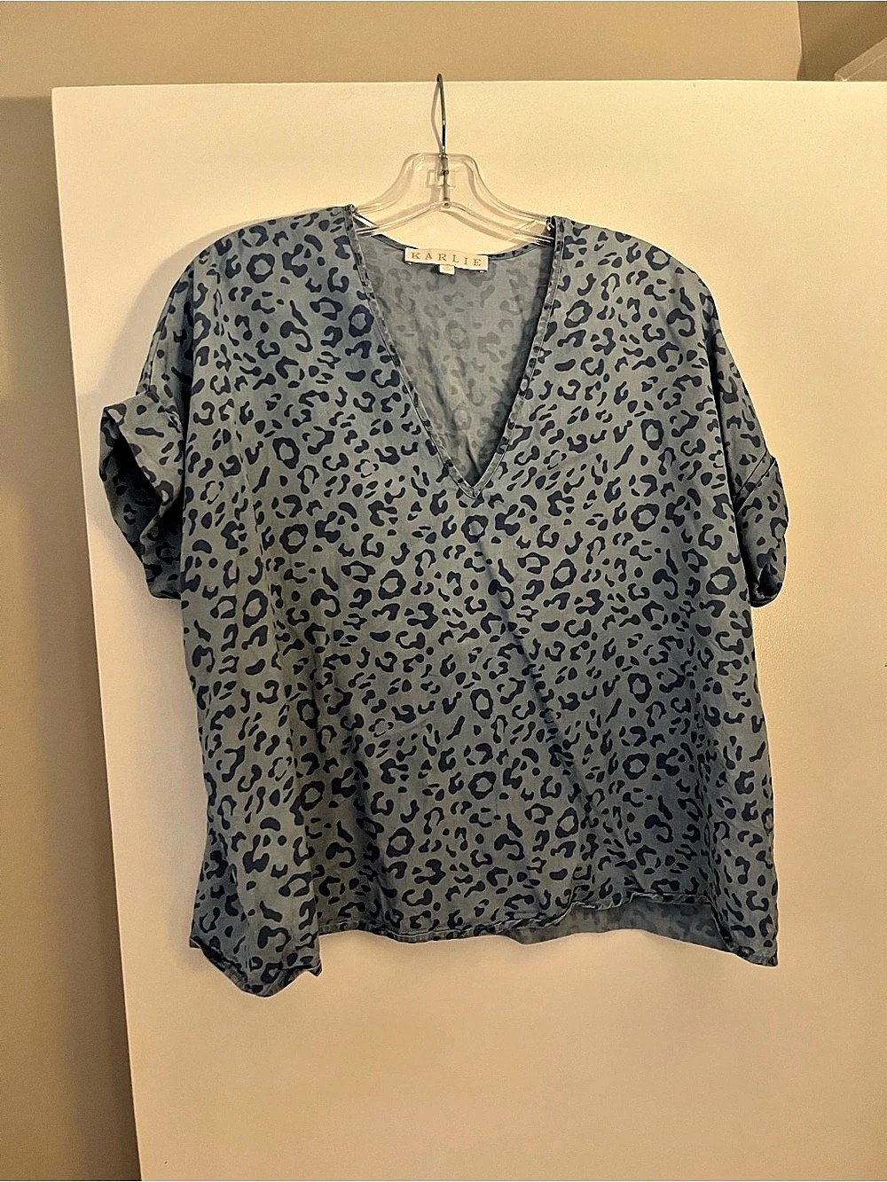 Karlie Leopard Print V-Neck Blouse in Blue, Size Small